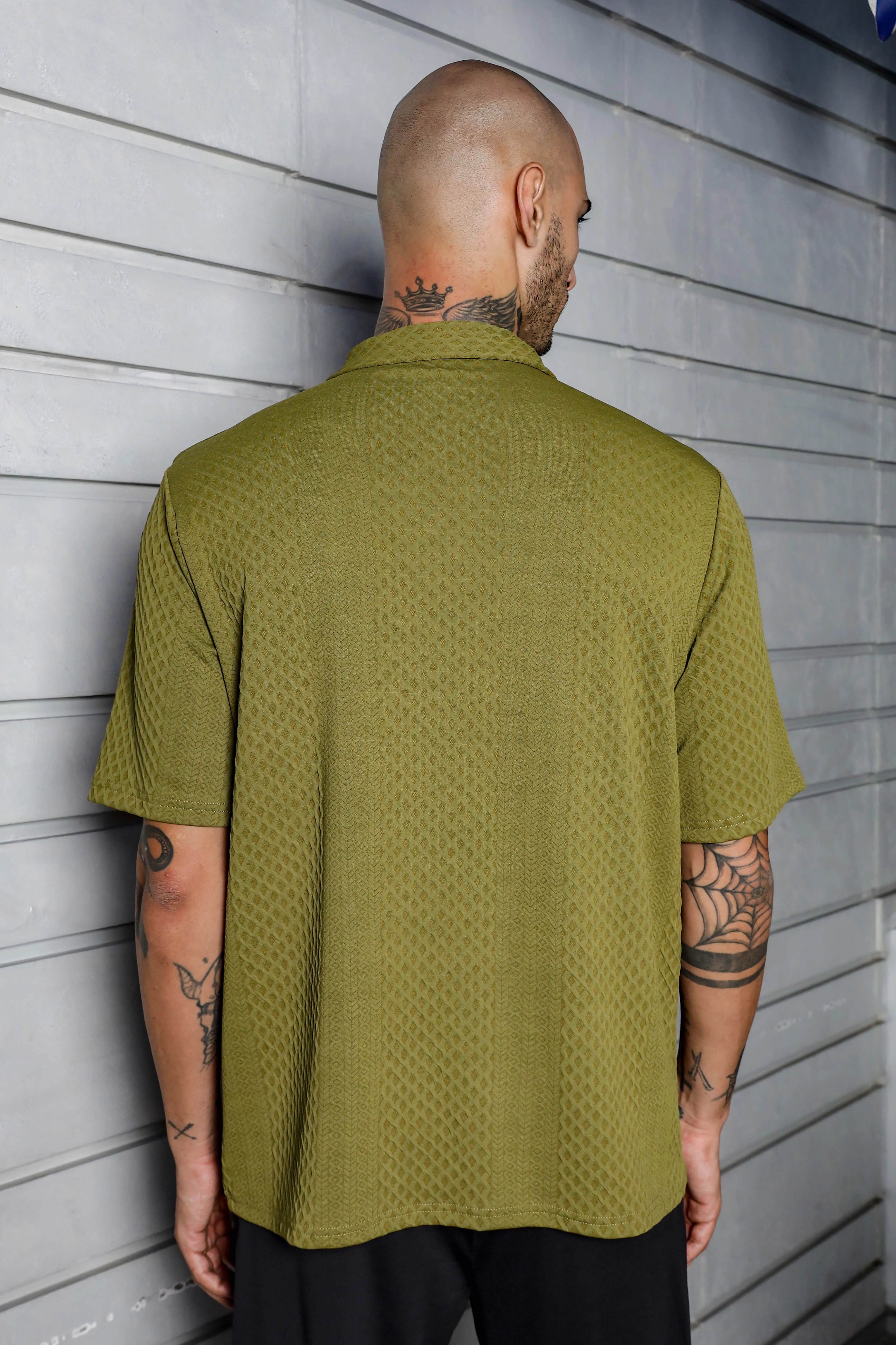 Unisex Olive Textured Polo Neck Oversized T-shirt