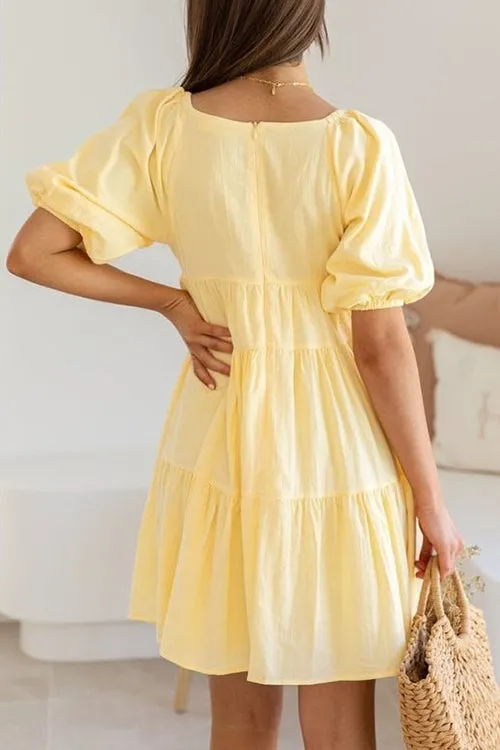 V Neck Puff Sleeve Mini Dress