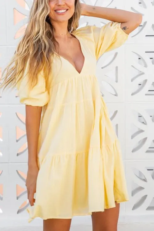 V Neck Puff Sleeve Mini Dress