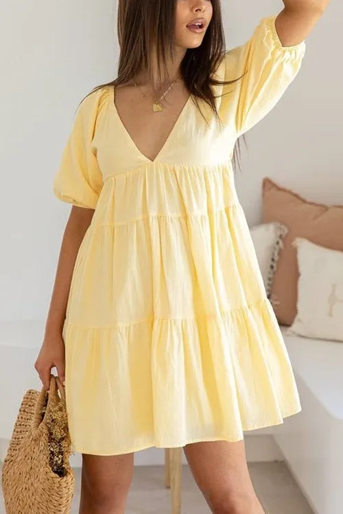 V Neck Puff Sleeve Mini Dress