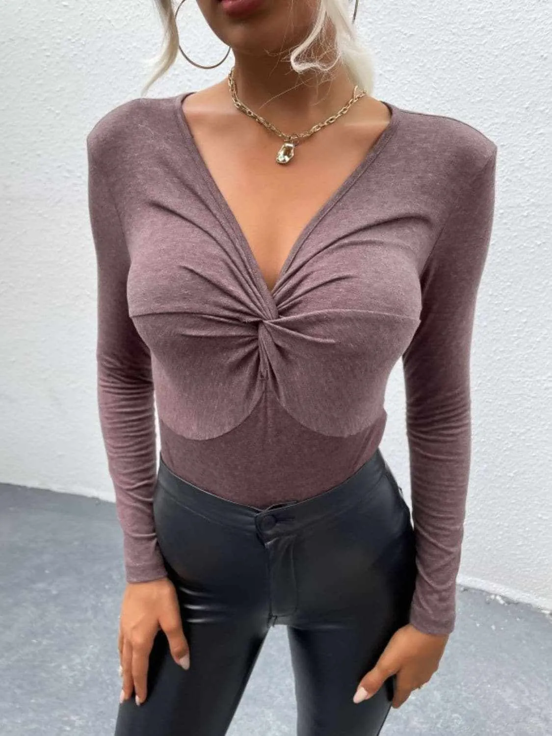 V-neck twist long sleeve bodysuit