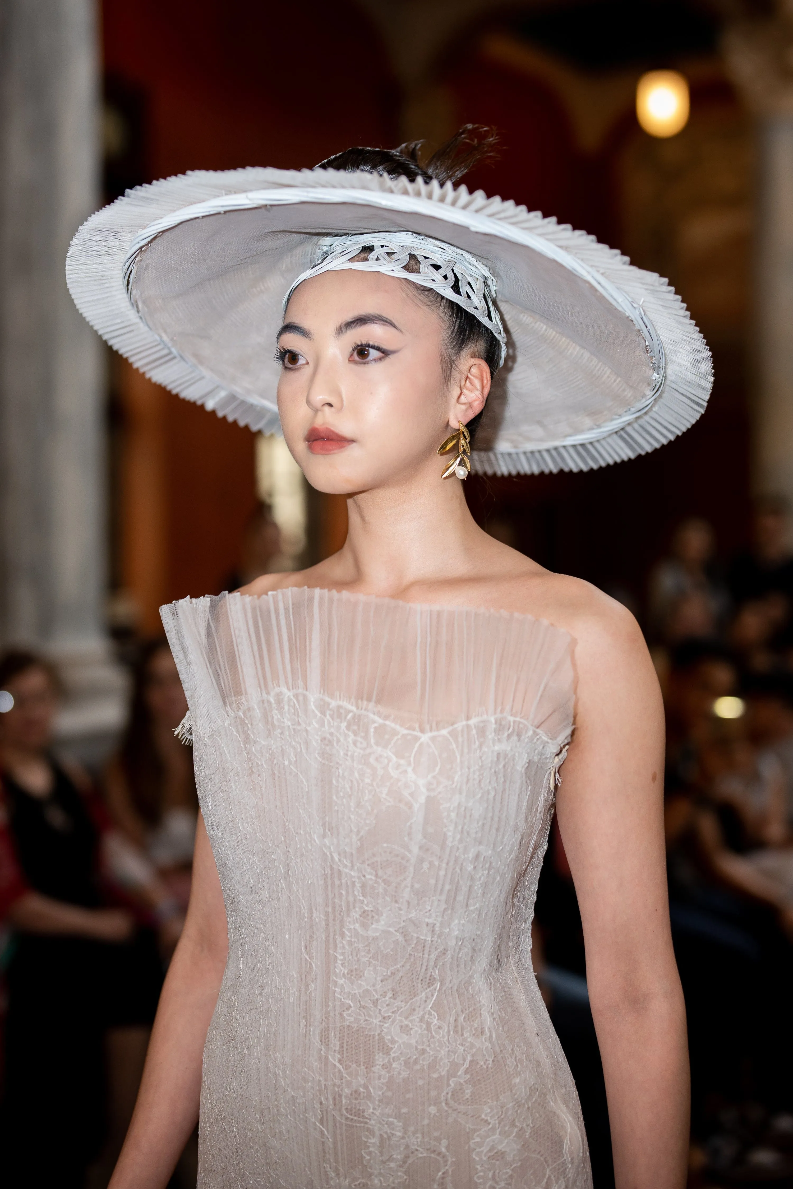 White Lace Pleated Tulle Gown